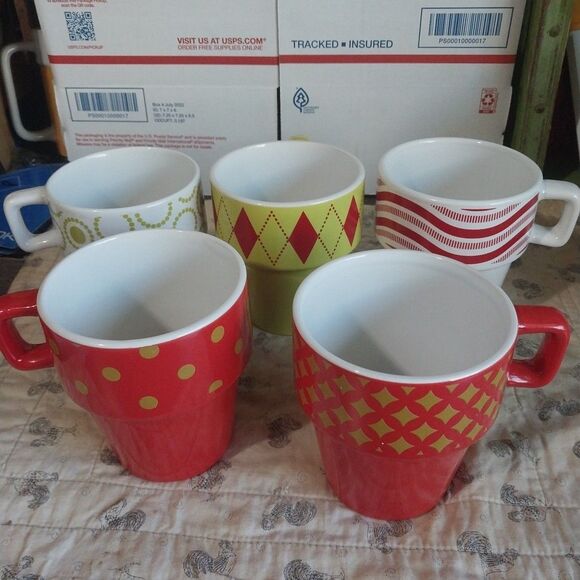 Living Solutions Set Of 5 Green Red White Mugs & Metal Storage Rack 10oz Cups - Picture 2 of 4